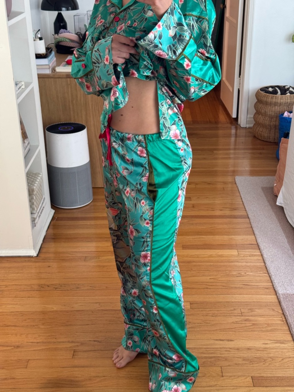 We are HAH x free people green satin silky pajama printed floral set - Picture 5 of 10